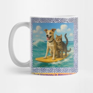 Pawfect Harmony in Hmong Waves – Cat & Dog Surf Adventure Mug